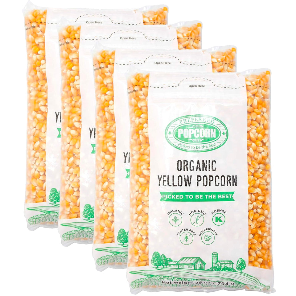 Preferred Popcorn organic kernels pack-shot shows four bags for family snacking.
