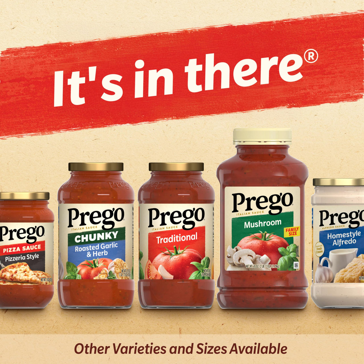Case of six Prego Roasted Garlic and Herb jars on pantry shelf.