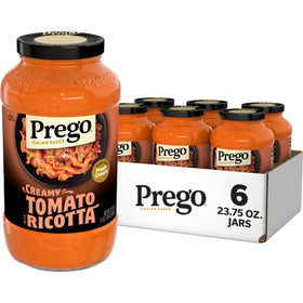Prego Creamy Tomato with Ricotta jar label for quick family dinners.