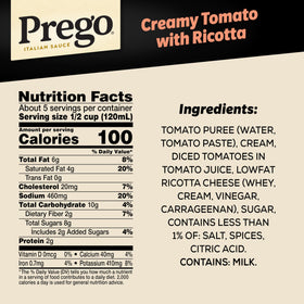 Prego Creamy Tomato Ricotta jar being poured onto pasta for a smooth weeknight meal.