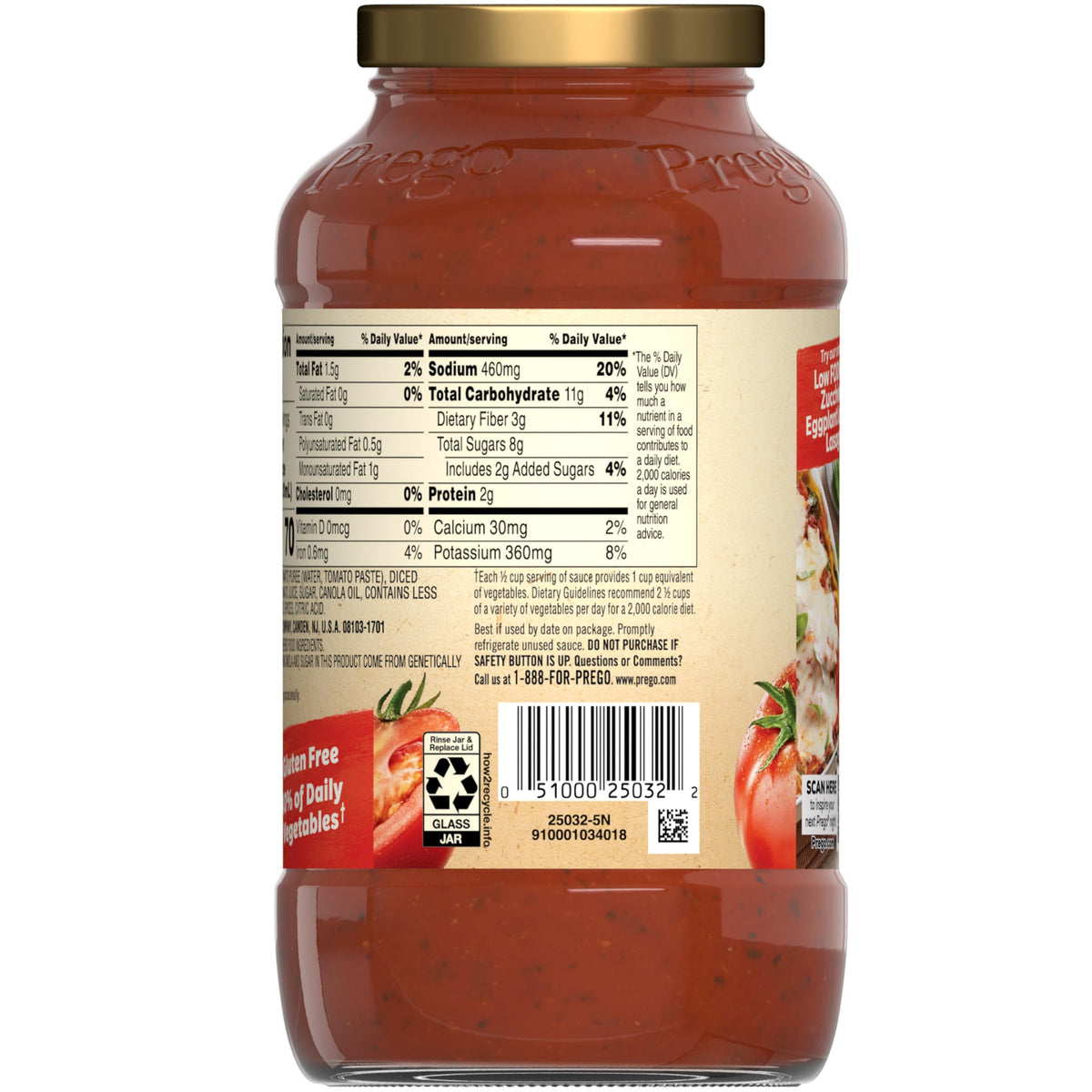 Half-cup serving of Prego provides a good source of fiber