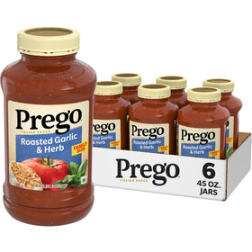 Prego Roasted Garlic and Herb sauce jar on shelf, ideal for weeknight pasta.
