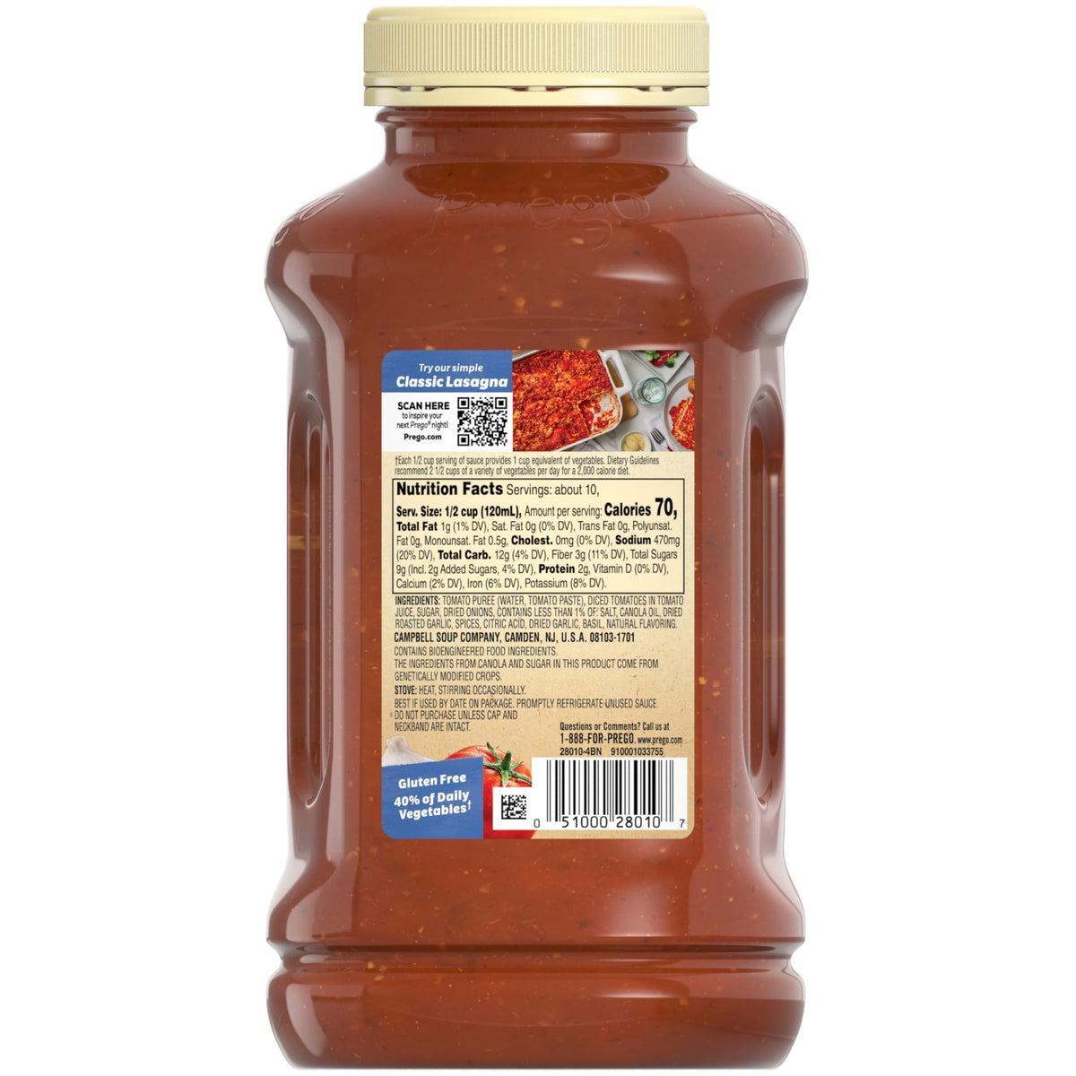 Prego Roasted Garlic and Herb sauce displays vegetarian-friendly label on jar.