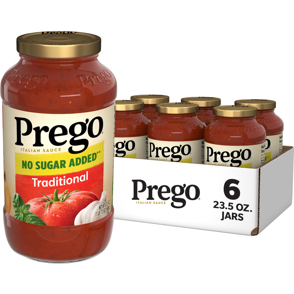 Prego Traditional No Sugar Added pasta sauce jar label close-up showing thick texture.