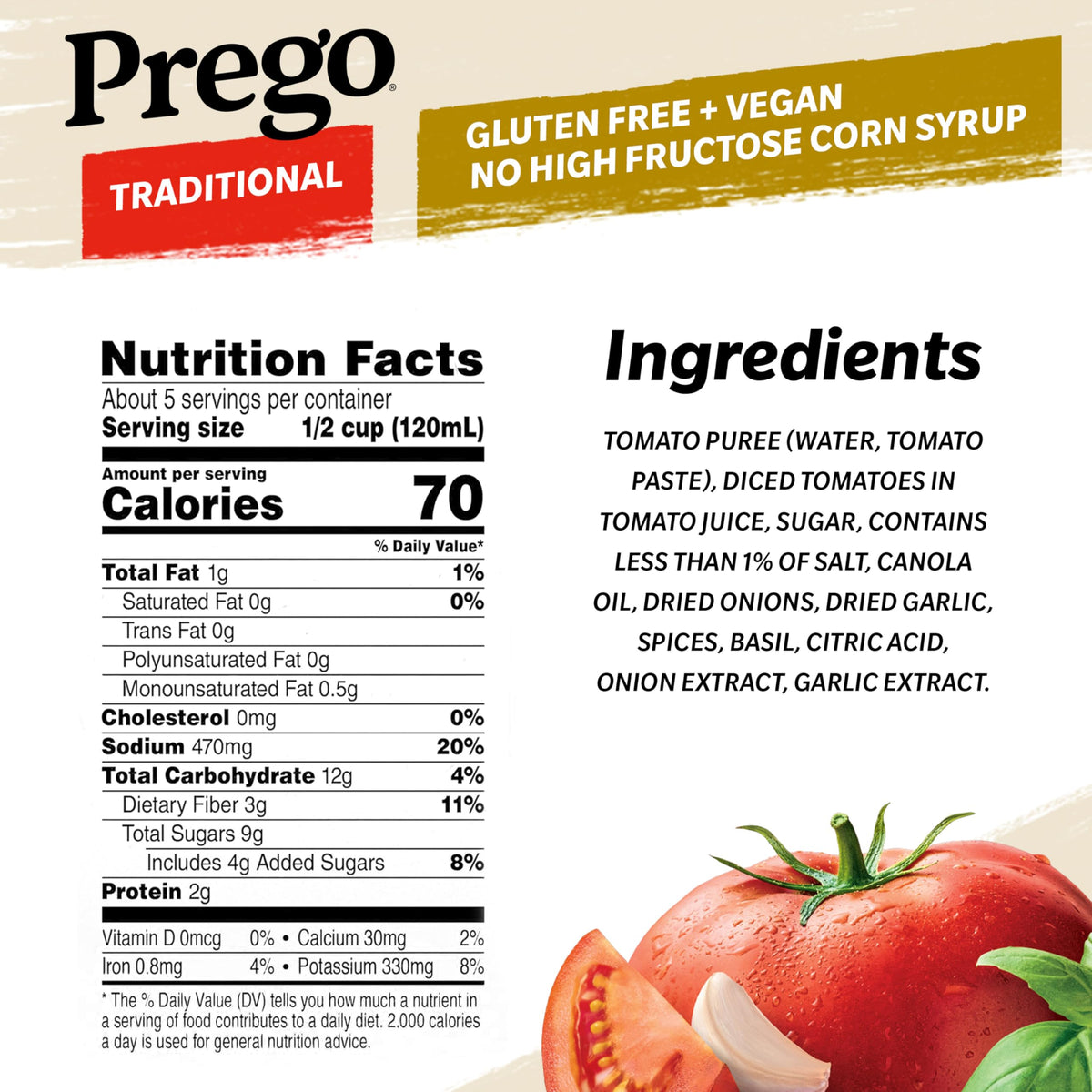 Prego Traditional Pasta Sauce ingredients panel highlights herbs for quick meals.