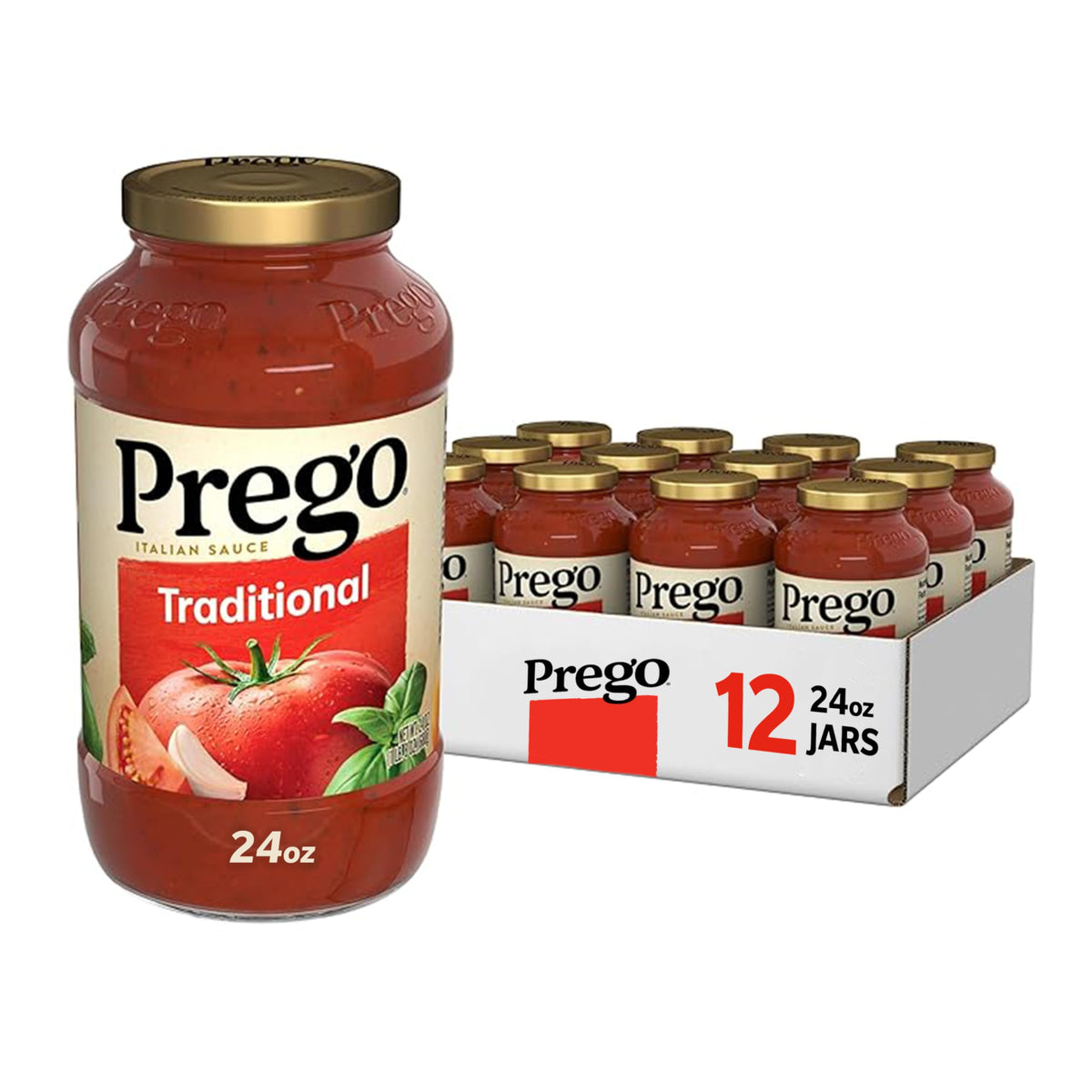 Prego Traditional Pasta Sauce jar front label, ready for weeknight dinners.