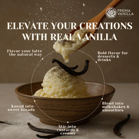 Grade A PREMA VANILLA Madagascar bean pack highlighting premium ingredients for baking