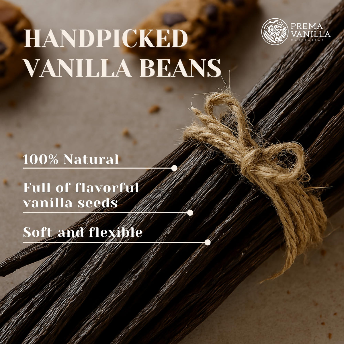 Split PREMA Madagascar vanilla bean ready for extract or flavoring