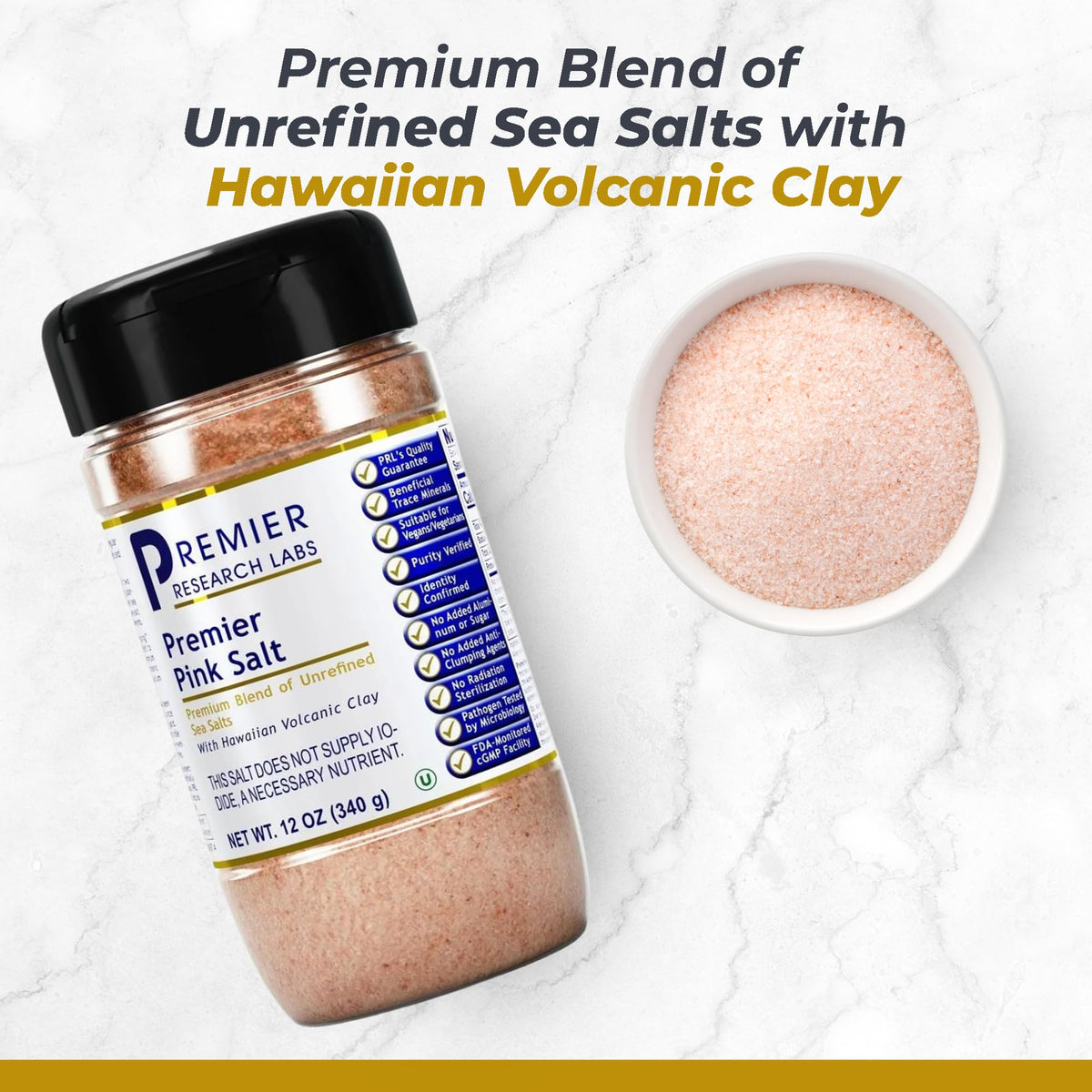 Premier Pink Salt coarse texture shown for robust, even seasoning.