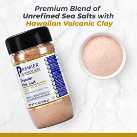 Premier Pink Salt coarse texture shown for robust, even seasoning.