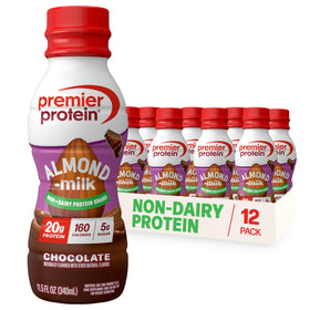 Premier Protein almondmilk shake chocolate bottle, creamy plant-based fuel for on-the-go.