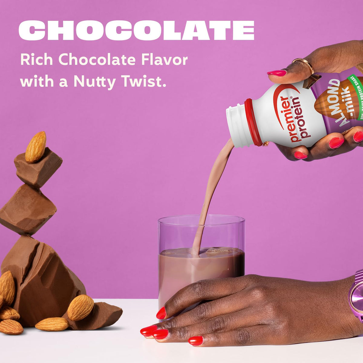 Premier Protein almondmilk shake chocolate glass shows a satisfying, low-sugar option.