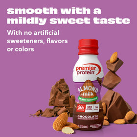 Premier Protein almondmilk shake chocolate nutrition panel emphasizes 20g protein per serving.