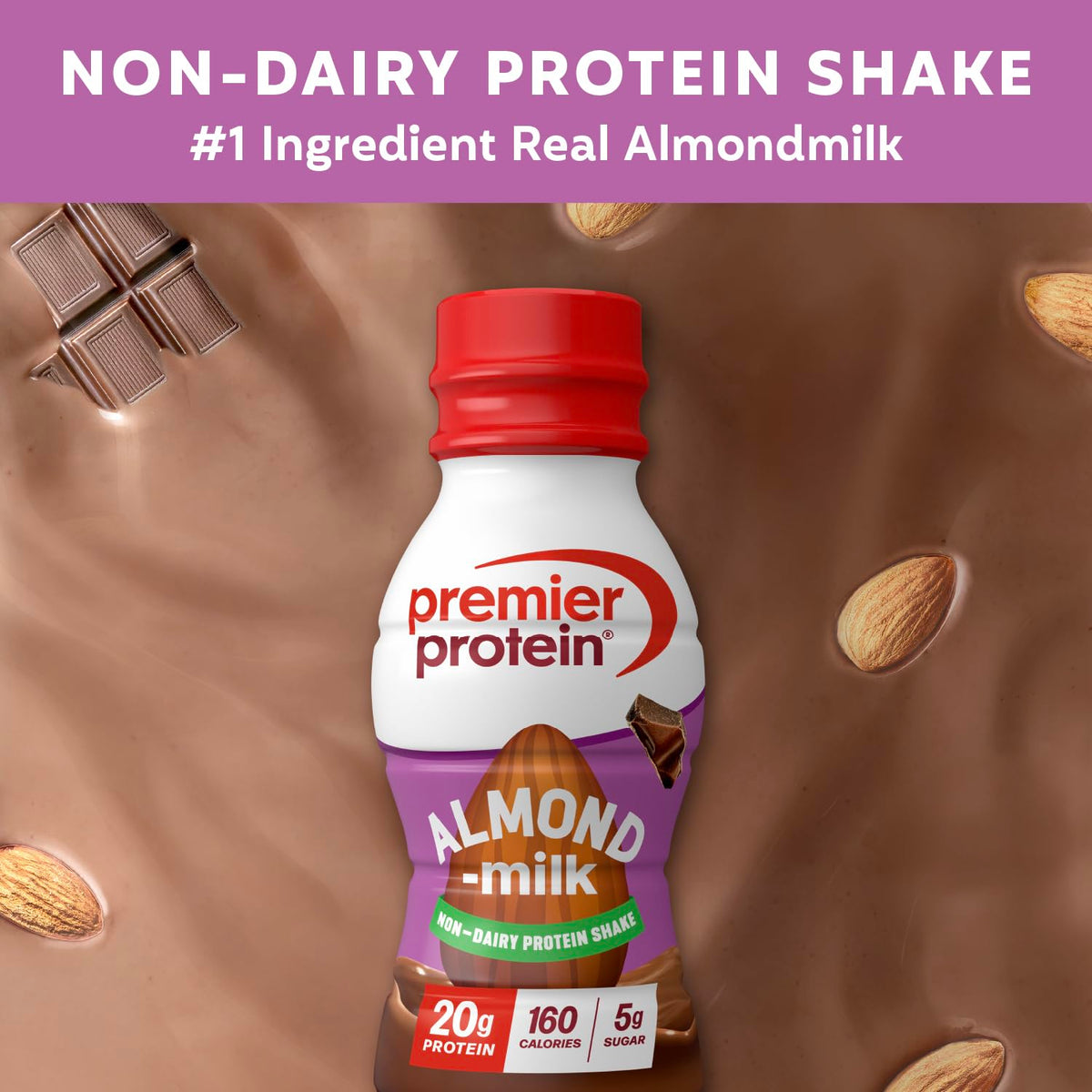 Premier Protein almondmilk shake chocolate pour illustrates easy post-workout recovery.