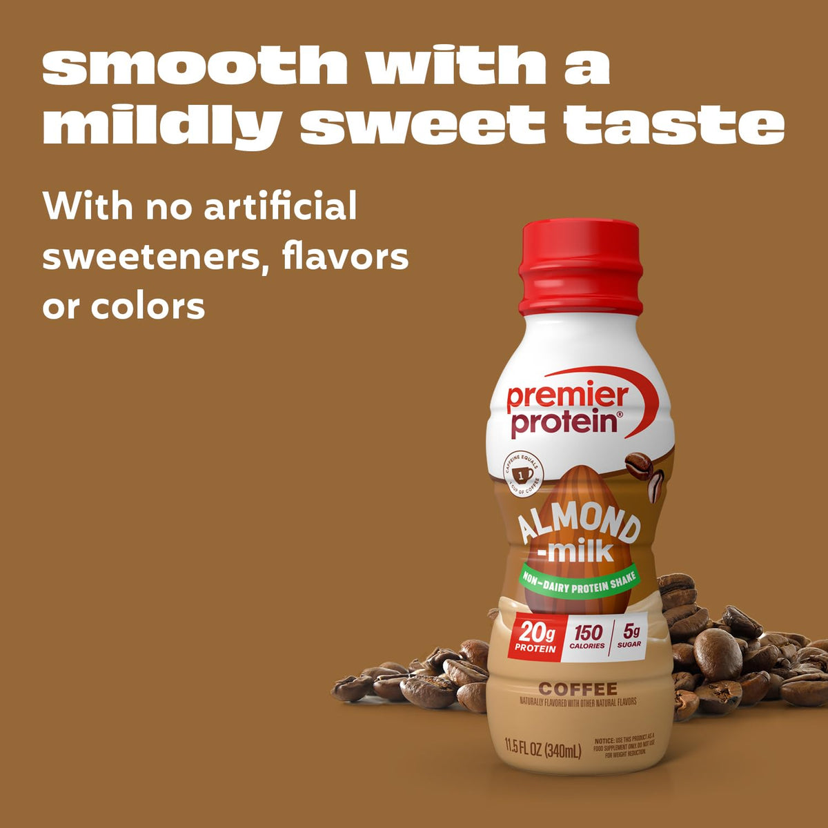 Premier Protein almondmilk shake nutrition panel highlights 20g protein and 5g sugar