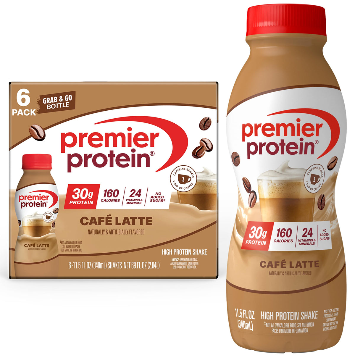 Premier Protein Café Latte bottle pour offers quick energy for a busy morning.