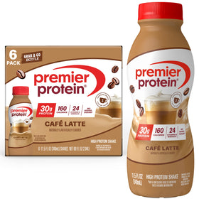 Premier Protein Café Latte bottle pour offers quick energy for a busy morning.