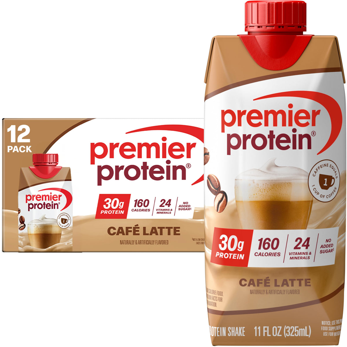 Premier Protein Café Latte bottle showing creamy shake for a quick protein boost