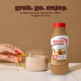 Premier Protein Café Latte breakfast setup emphasizes ready-to-drink convenience.