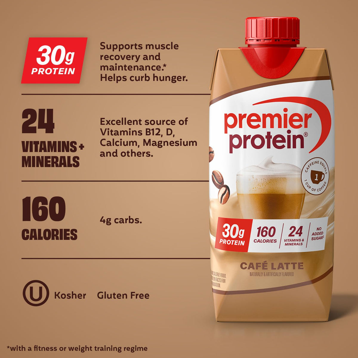 Premier Protein Café Latte pour capturing smooth texture for on-the-go energy