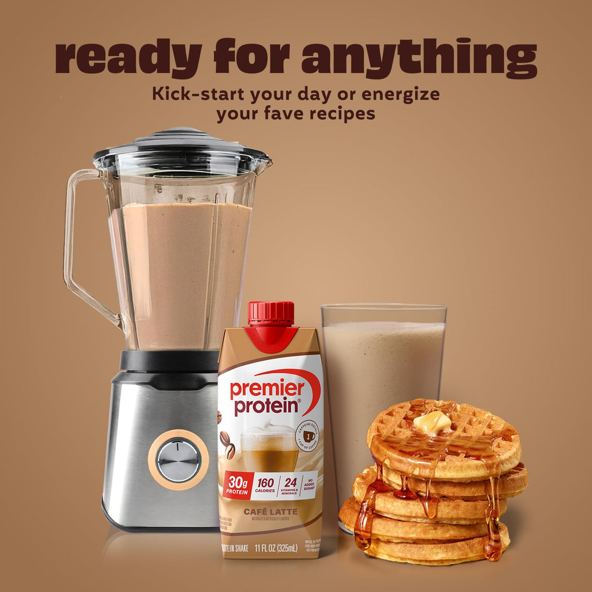 Premier Protein Café Latte blended with berries for a protein-packed smoothie