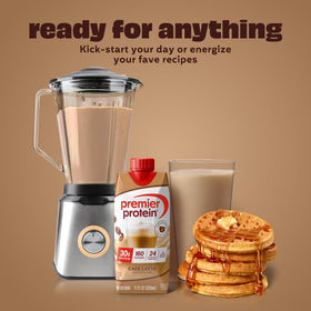 Premier Protein Café Latte blended with berries for a protein-packed smoothie