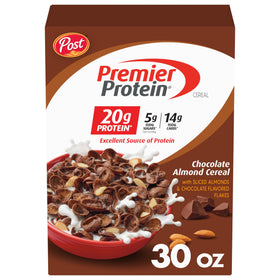 Premier Protein chocolate almond cereal box shown for a protein-packed breakfast.