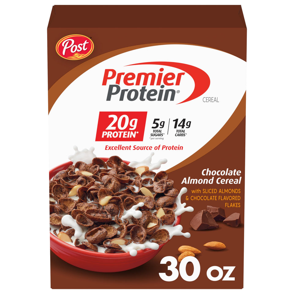 Premier Protein chocolate almond cereal box shown for a protein-packed breakfast.