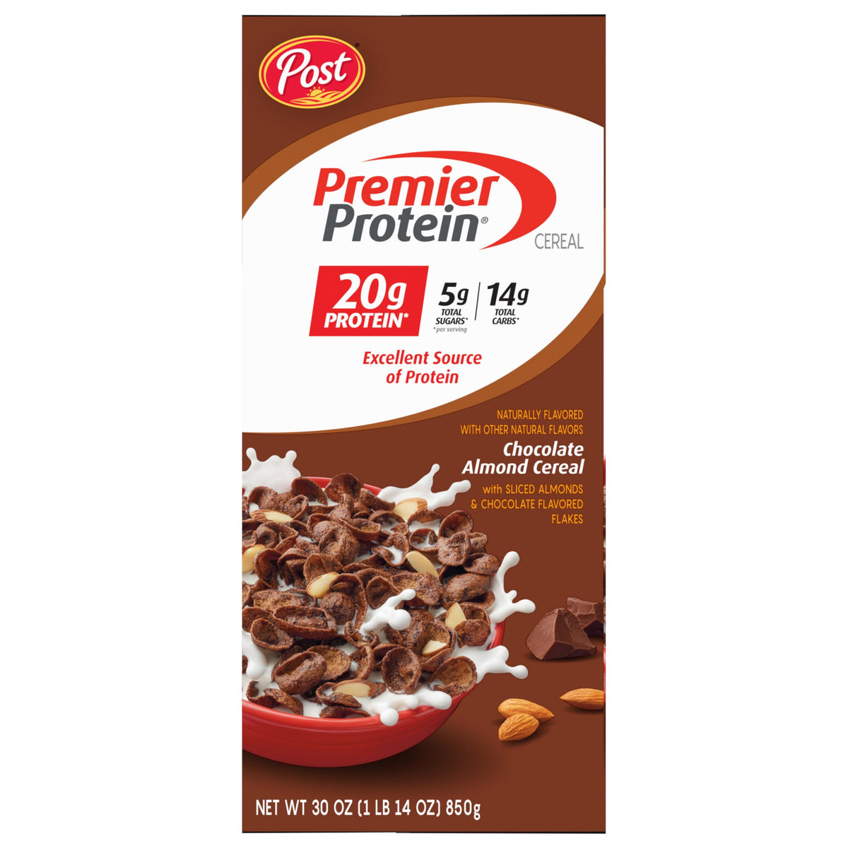 On-the-go Premier Protein chocolate almond cereal snack pack.
