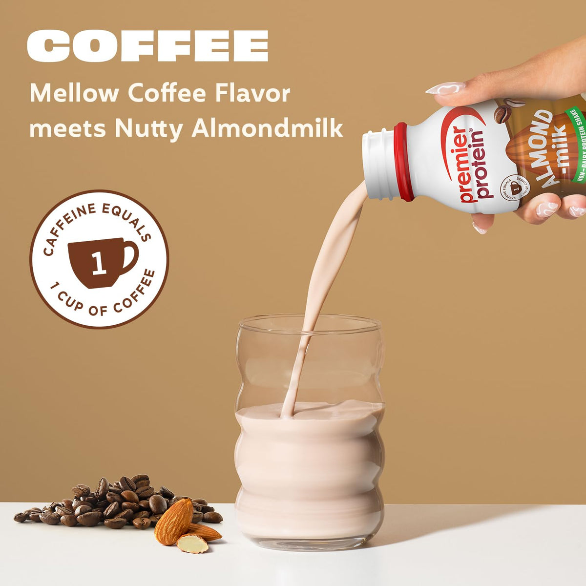 Premier Protein chocolate almondmilk shake pour captures a fast, satisfying protein sip