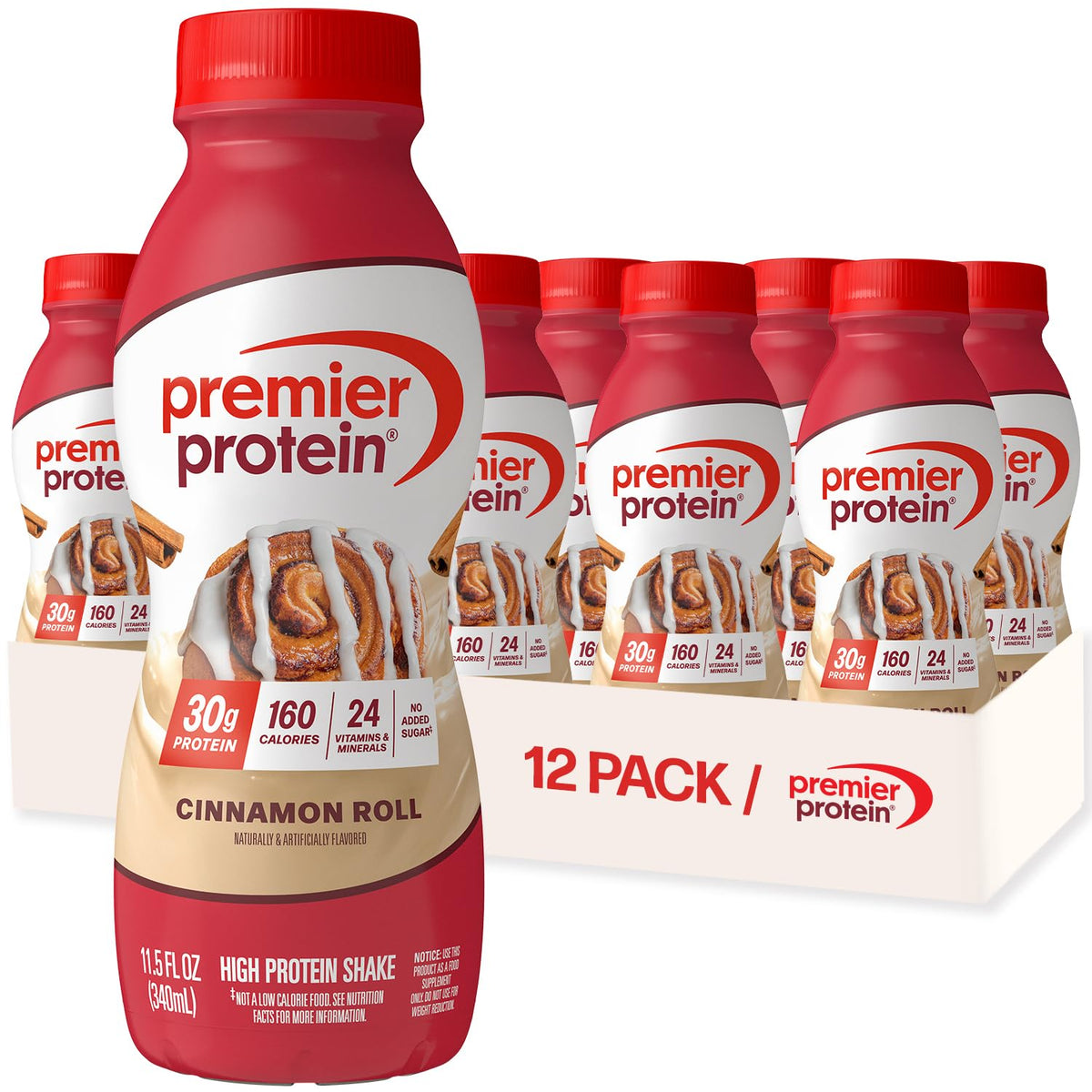 Premier Protein Cinnamon Roll shake in 11.5oz bottle, convenient breakfast on the go