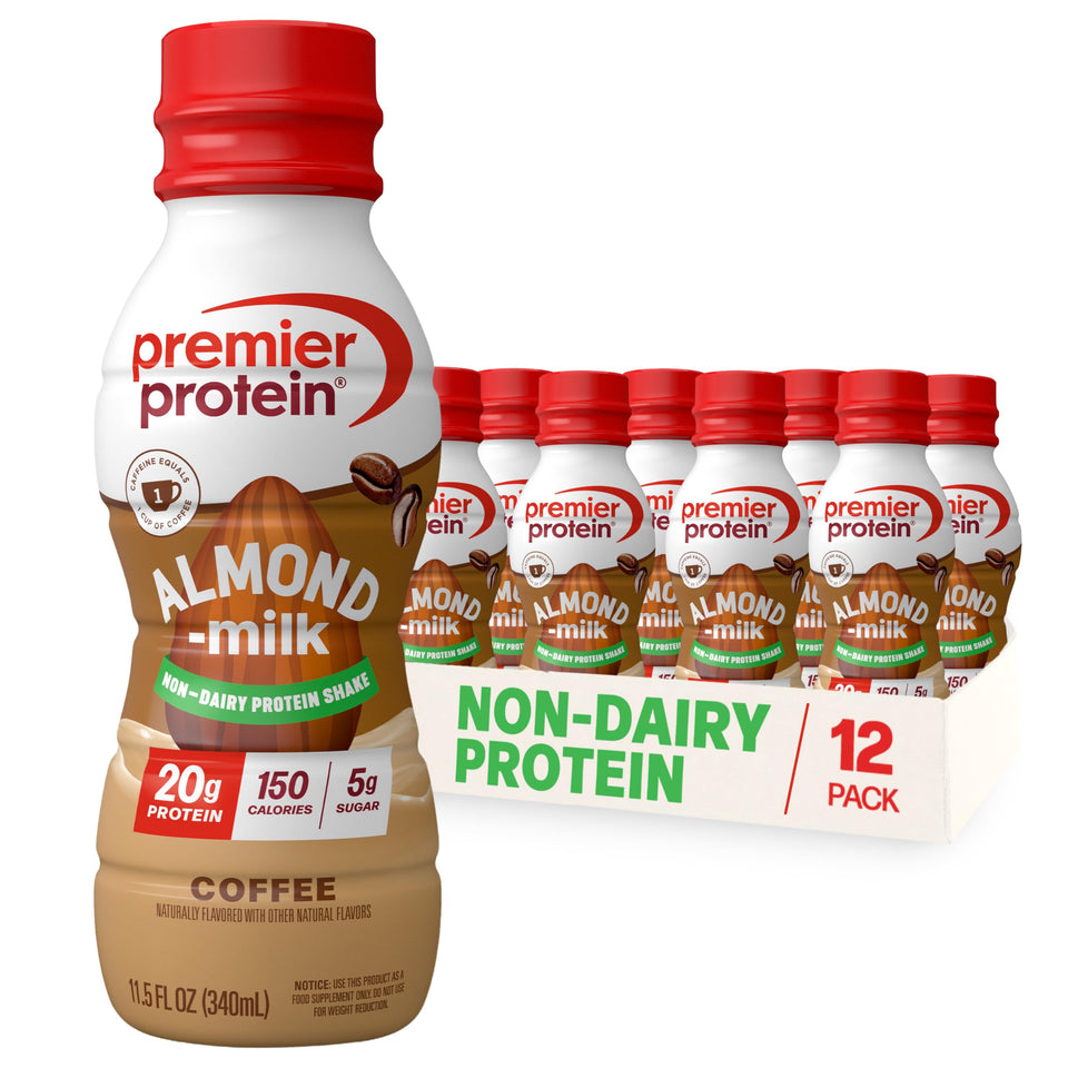 Premier Protein coffee almondmilk shake glass boosts morning energy with plant-based protein