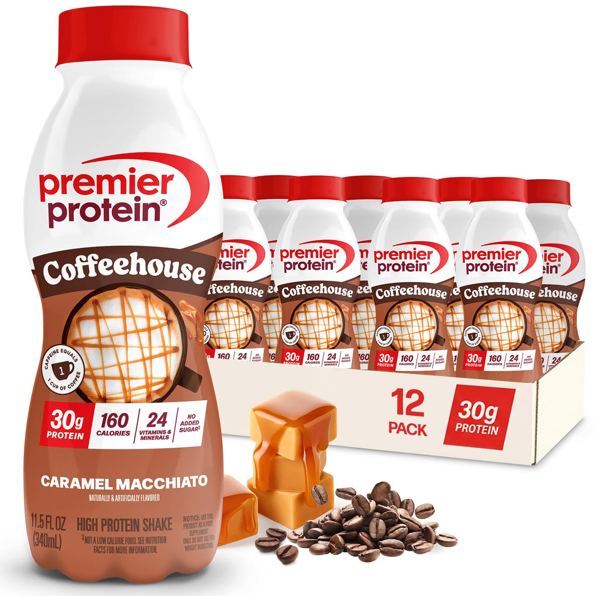 Premier Protein Coffeehouse Caramel Macchiato bottle ready for on-the-go energy.