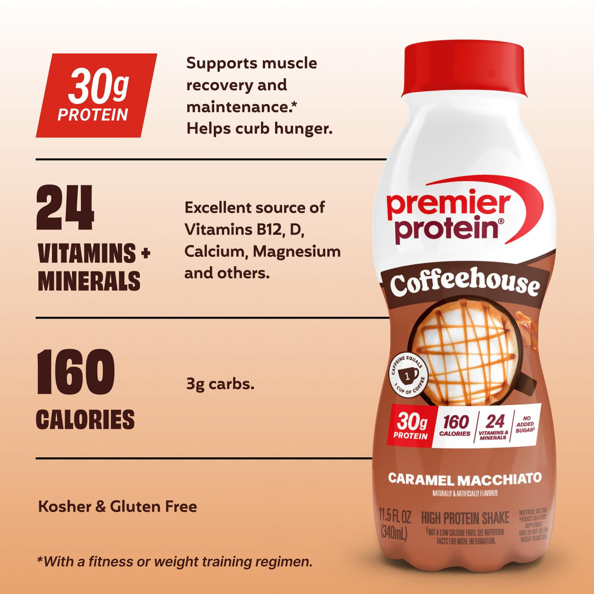 Pour shot of Premier Protein Coffeehouse Caramel Macchiato for a caffeinated pick-me-up.