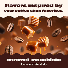 Chilled Premier Protein Coffeehouse Caramel Macchiato bottle with rich flavor.