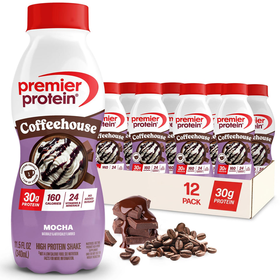 Premier Protein Coffeehouse Mocha bottle offers convenient, on-the-go energy with 30g protein.