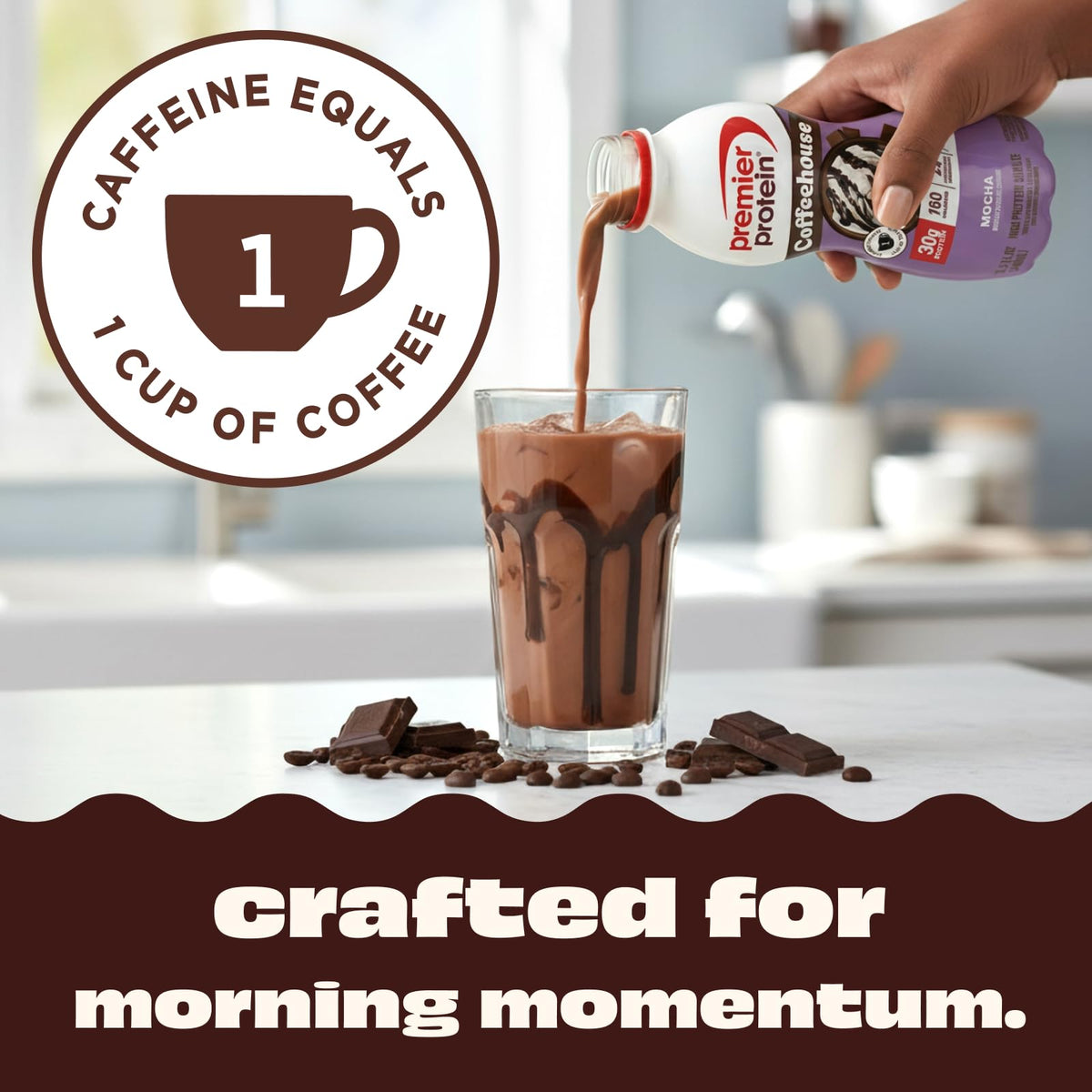 Pouring Premier Protein Coffeehouse Mocha reveals rich mocha aroma and quick protein refreshment.