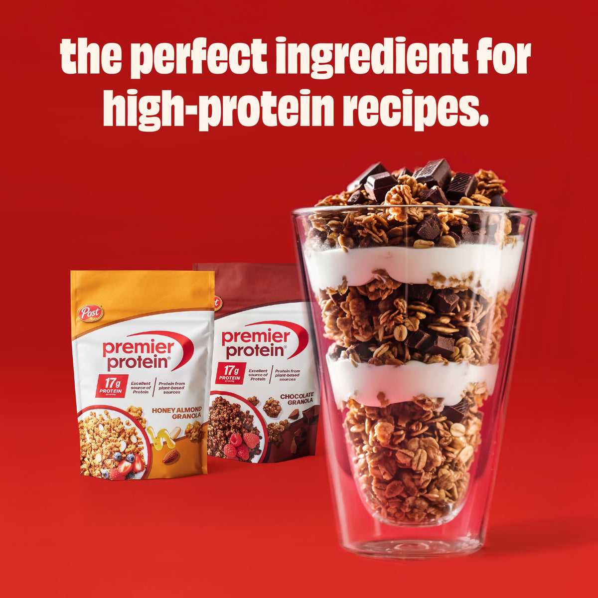 Milk poured over Premier Protein granola for breakfast.
