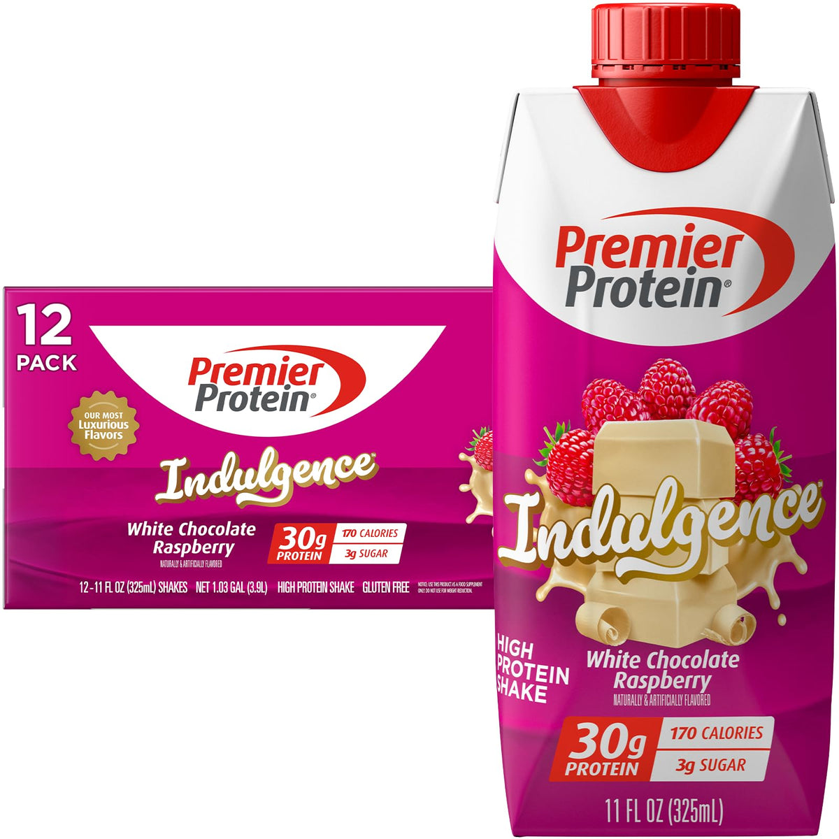 Premier Protein Indulgence White Chocolate Raspberry bottle front for on-the-go fueling.