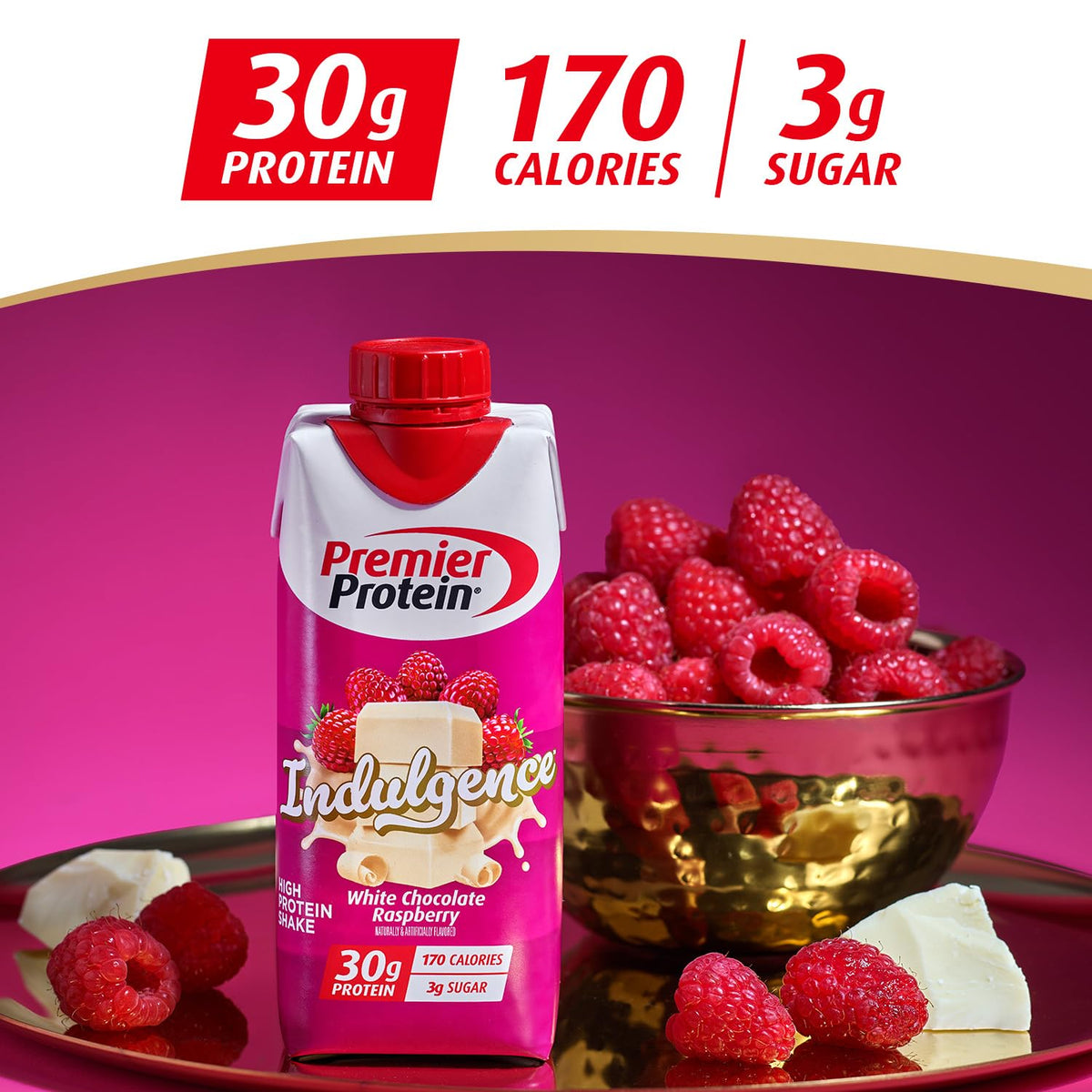 Close-up nutrition label for Premier Protein Indulgence White Chocolate Raspberry.