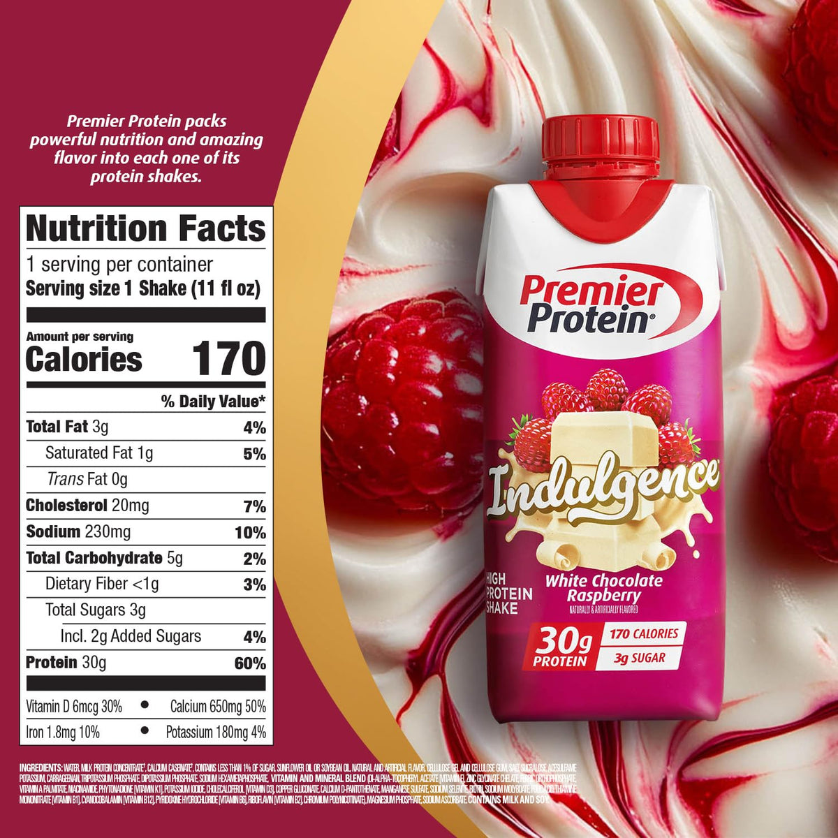 Premier Protein Indulgence White Chocolate Raspberry being poured into a glass.