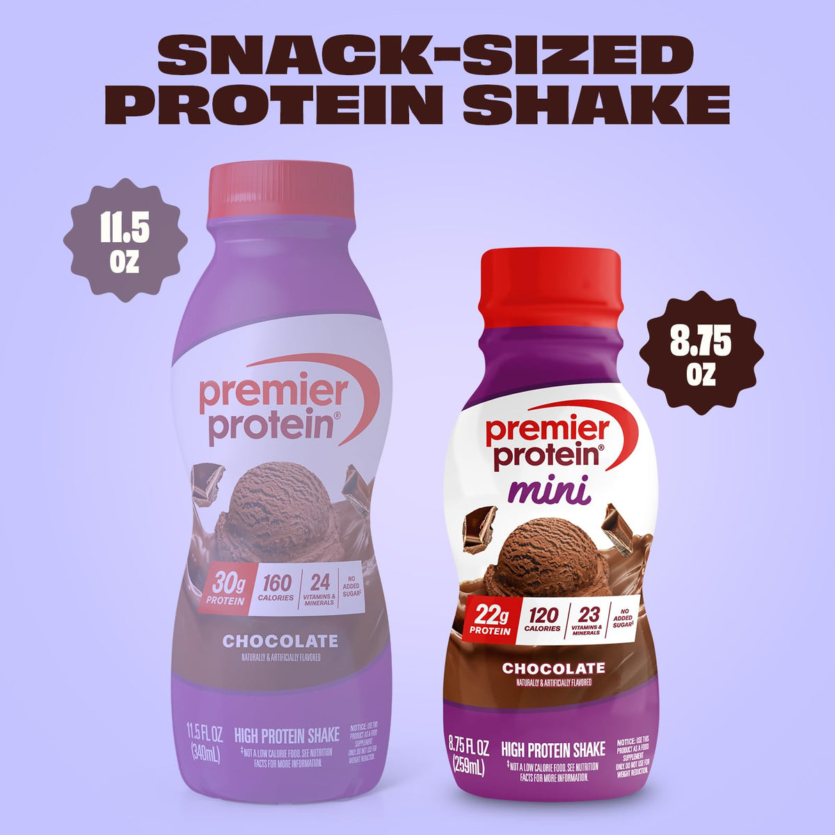 Premier Protein Minis bottle pour reveals smooth, creamy texture for post-workout fueling.