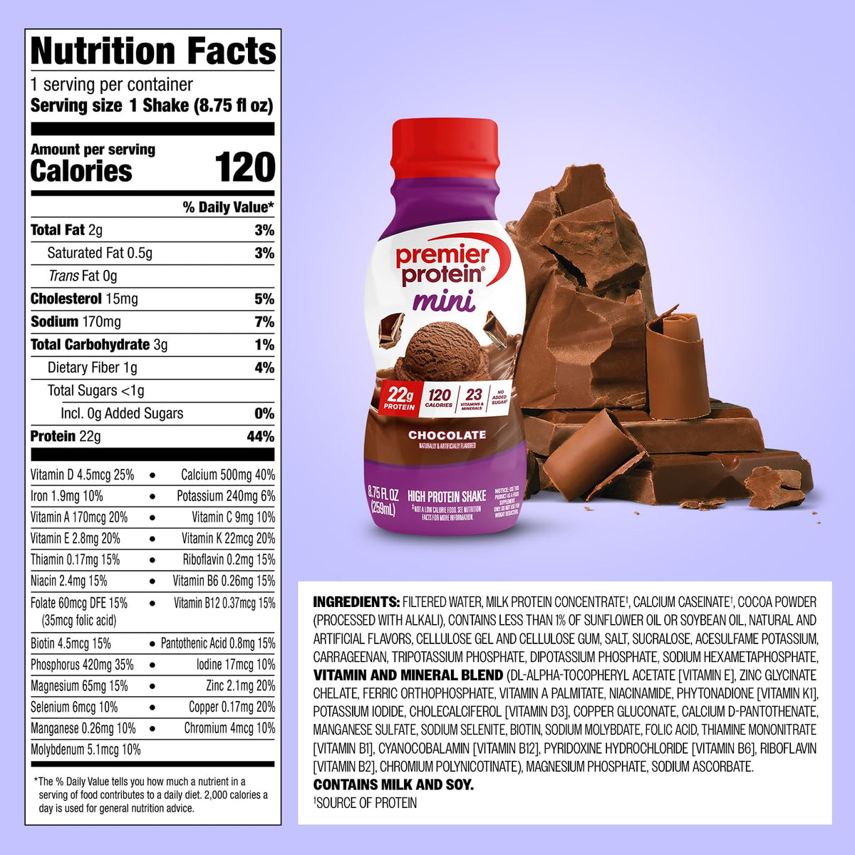 Premier Protein Minis Caramel bottle front showing low sugar and energy.