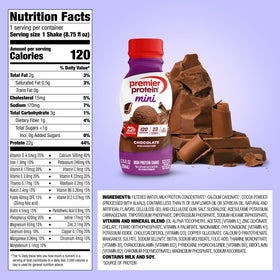 Premier Protein Minis Caramel bottle front showing low sugar and energy.