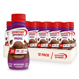 Premier Protein Minis Chocolate bottle front with 22g protein for on-the-go fuel.