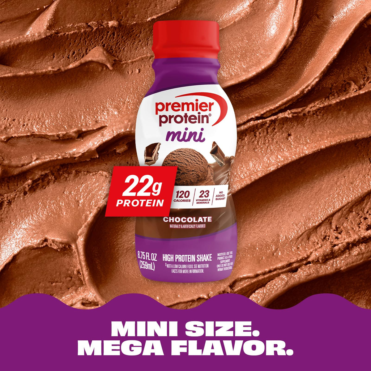 Premier Protein Minis nutrition panel emphasizes 23 vitamins and minerals.