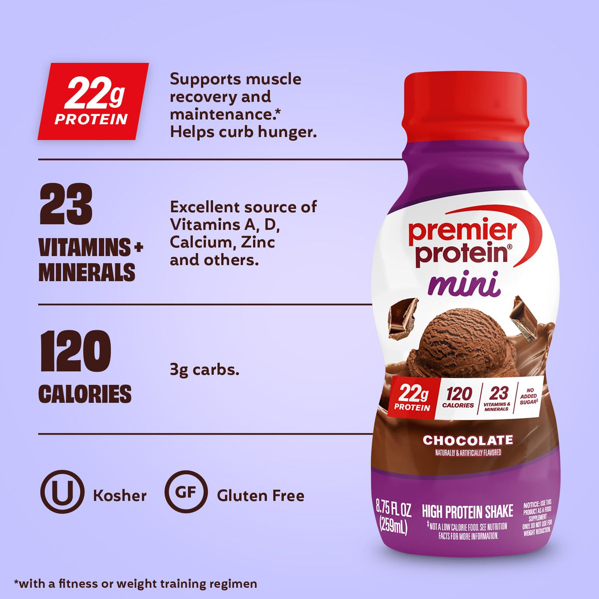 Premier Protein Minis Vanilla bottle front highlighting convenient 120 calories per shake.
