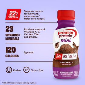 Premier Protein Minis Vanilla bottle front highlighting convenient 120 calories per shake.