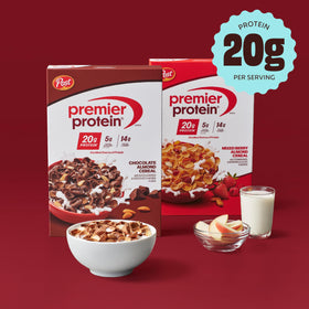 Premier Protein Mixed Berry Almond cereal with milk offers a satisfying protein-forward breakfast.