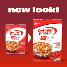 Close-up of berries and almonds in Premier Protein cereal highlights real fruit flavor.